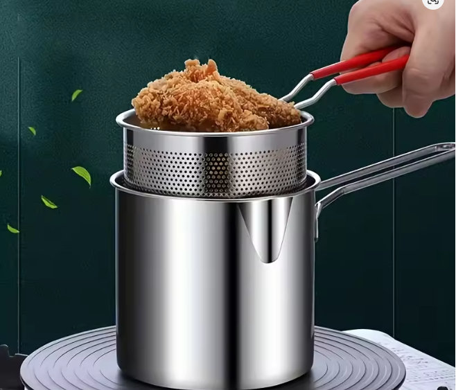 Compact stainless steel deep fryer with filter rack simplifies home cooking to make the perfect crispy chips for french fries