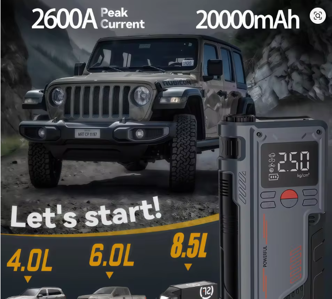 JKUOO PUM2600A 4-in-1 Car Jump Starter Power Bank Air Compressor Portable Power Station with Car Battery Charger And Booster
