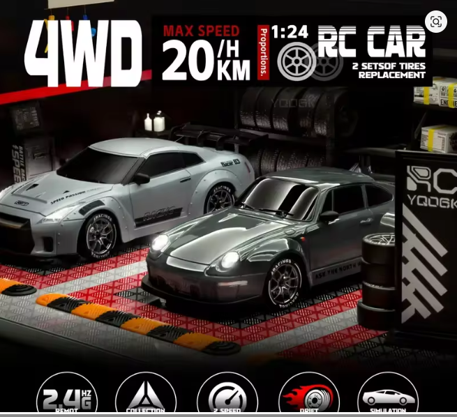RC Cars 1/24 Remote Control Vehicle with LED Lights 2.4GHz 20KM/H 4WD High Speed RC Car Drifting Tires Racing Toy Gift Adult Kid