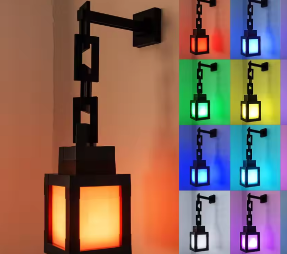 MC Style LED Night Light Lantern, Rechargeable Gaming Room Lamp, Blue Yellow Light, Pixel Design, Kids Bedroom Decor, Birthday Christmas Gift,