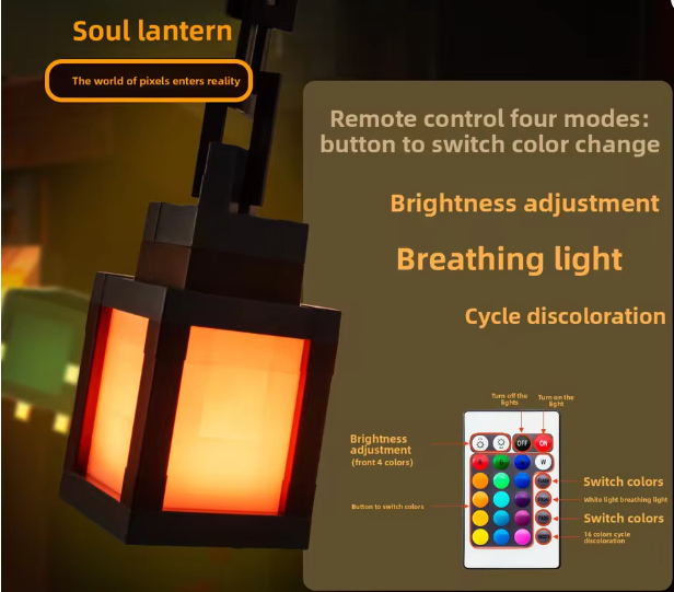 MC Style LED Night Light Lantern, Rechargeable Gaming Room Lamp, Blue Yellow Light, Pixel Design, Kids Bedroom Decor, Birthday Christmas Gift,