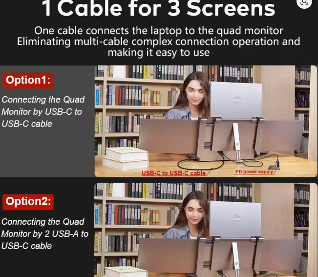 Fopo 2025 New 14 Inch 1080p Quad Portable Monitor Triple Bulk Lcd With Usb c One Cable Laptop Screen Extender