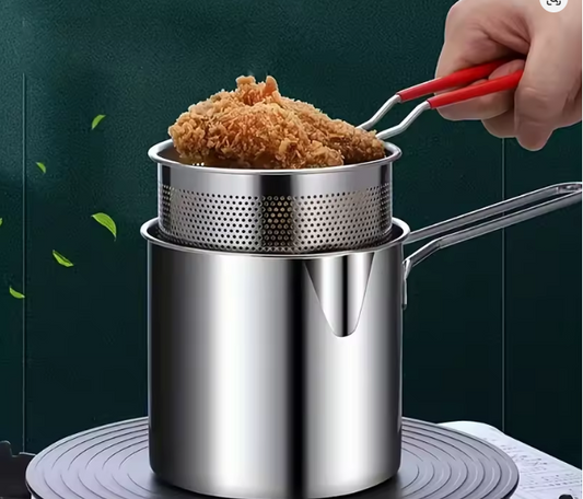 Compact stainless steel deep fryer with filter rack simplifies home cooking to make the perfect crispy chips for french fries