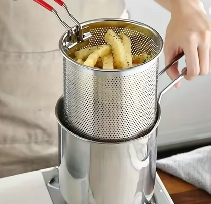 Compact stainless steel deep fryer with filter rack simplifies home cooking to make the perfect crispy chips for french fries