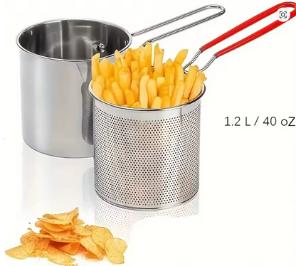 Compact stainless steel deep fryer with filter rack simplifies home cooking to make the perfect crispy chips for french fries